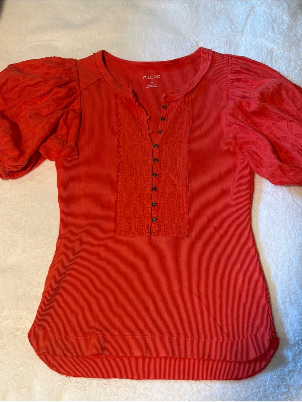Pilcro Red Puff-Sleeve Henley Top with Lace Placket